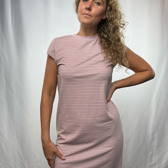 NWT Synergy Organic Cotton Striped Short Sleeve Shirt Dress in Pink Grey Size XS - Picture 2 of 10